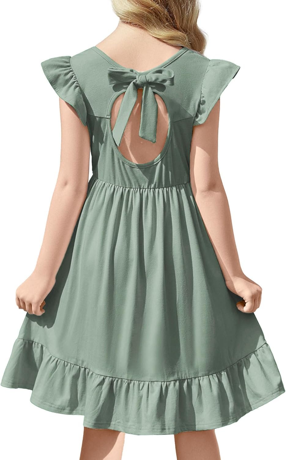 Girls Dress Tie Back Flared Sleeve Ruffle Hem A-Line Sundress Casual Midi Dresses