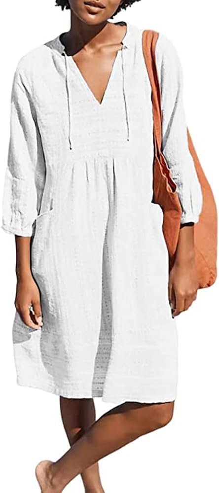 Lafural Womens V Neck Cotton Casual Loose Shift Tunic Dress