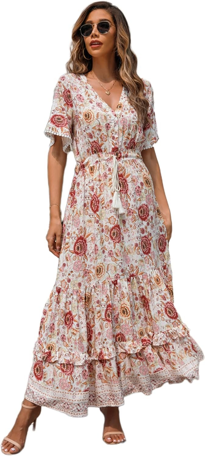 R.Vivimos Womens Summer Cotton Short Sleeve V Neck Floral Print Casual Bohemian Midi Dresses