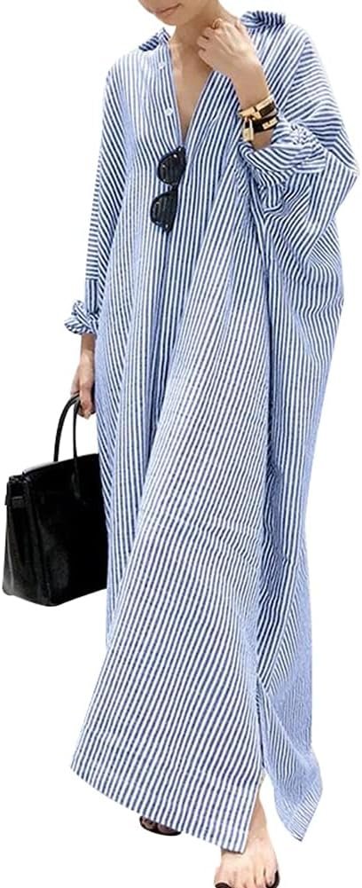 chouyatou Women's Casual Long Sleeve Button Down Loose Striped Cotton Maxi Shirt Dress