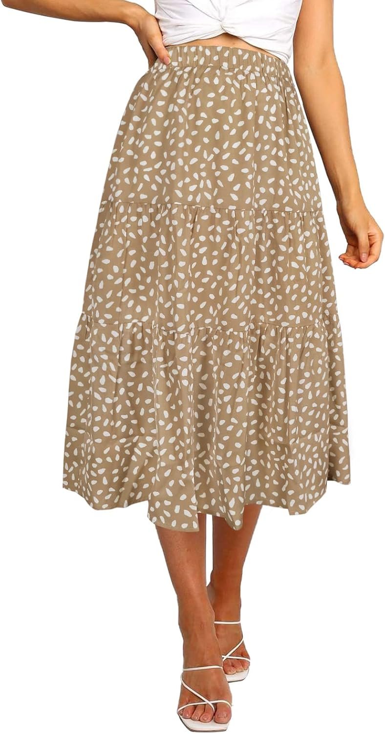 MEROKEETY Women's Boho Leopard Print Skirt Pleated A-Line Swing Midi Skirts