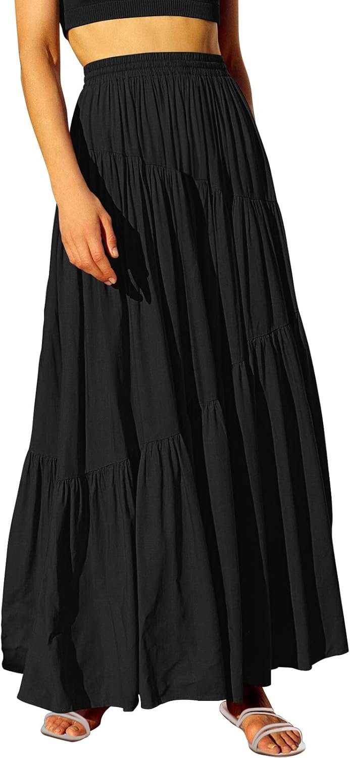 ANRABESS Women’s Boho Elastic High Waist Pleated A-Line Flowy Swing Asymmetric Tiered Maxi Long Skirt Dress with Pockets