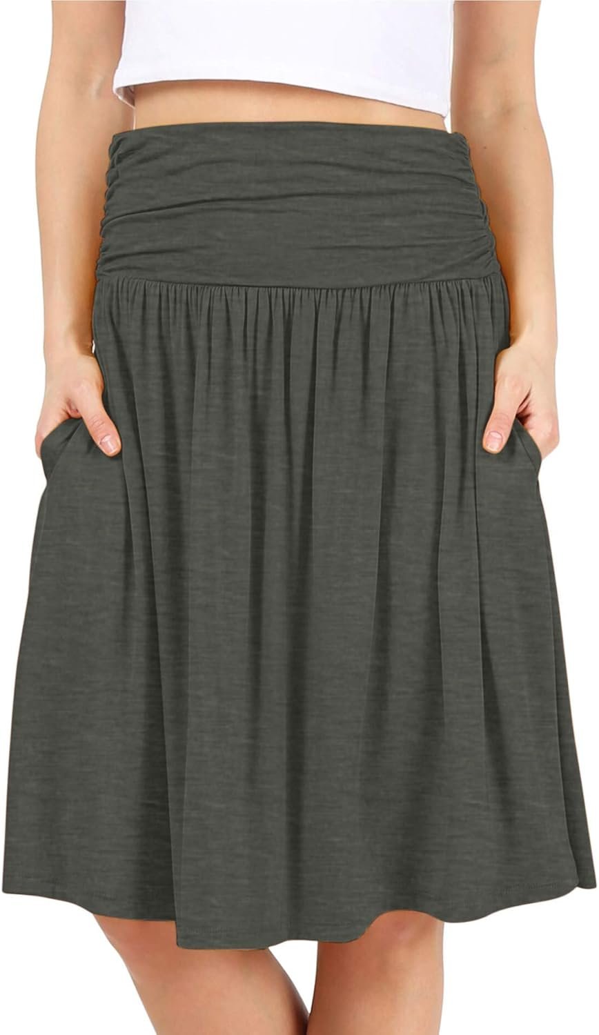 Simlu Skirts for Women Regular and Plus Size Skirt with Pockets Below The Knee Length Ruched Flowy Midi Skirt